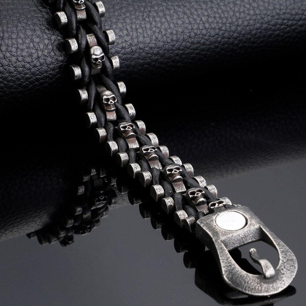 Skull Bracelets For Men Stainless Steel Gothic Ghost Head Leather