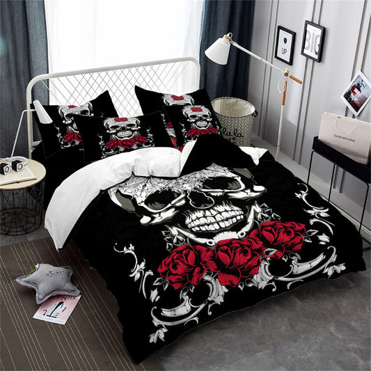 Ladies Sugar Skull Bedding Set Red Flowers Print Duvet Cover