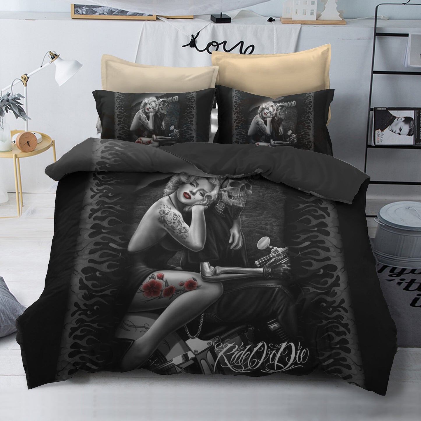 New 3D Black Motorcycle kiss Sugar Skull Printed Duvet Cover