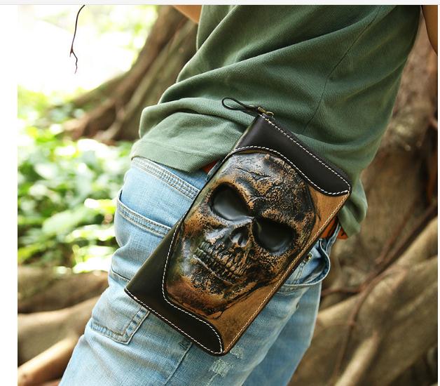 New punk type tanning cowhide skeleton skull wallet