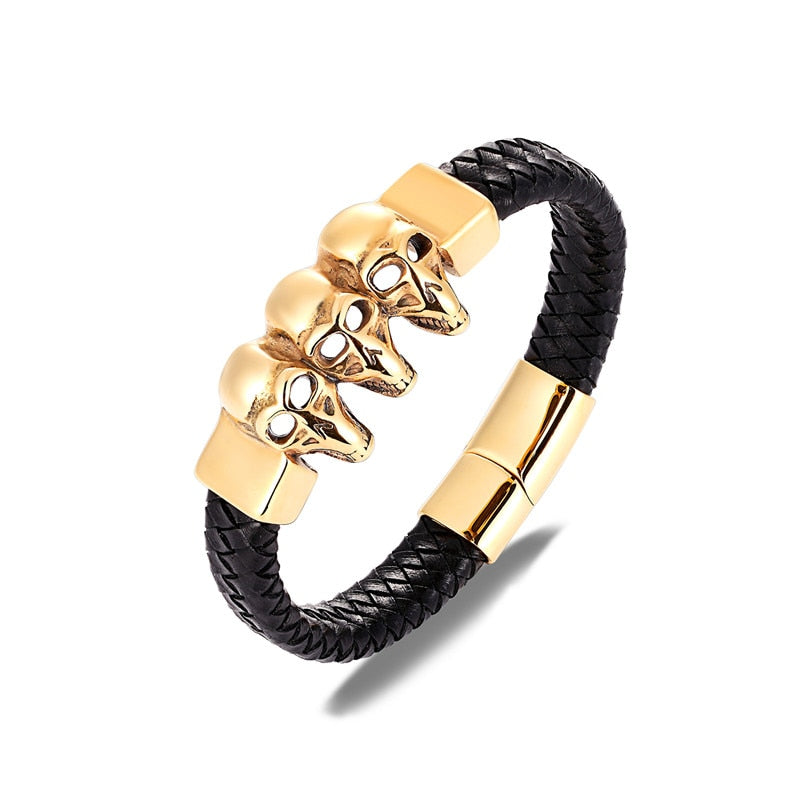 new punk Style Stainless steel skull genuine leather