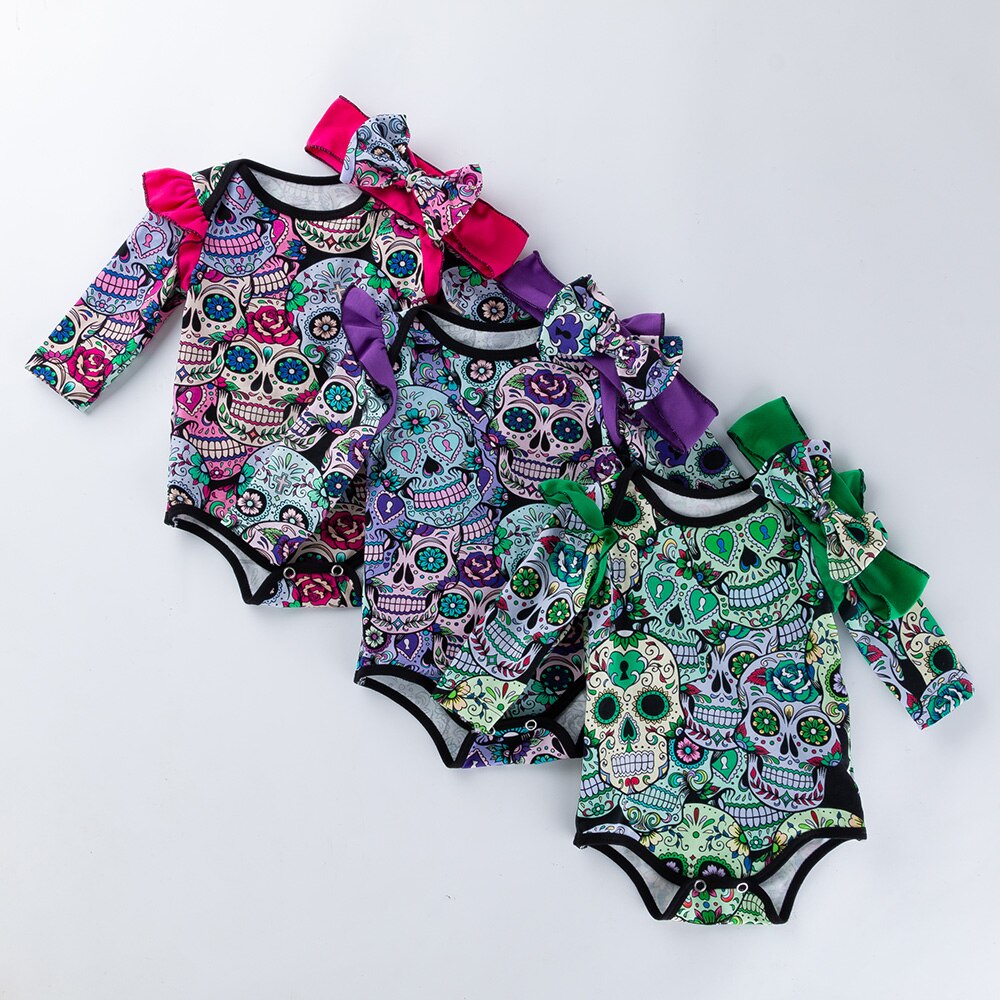 Set of 2 pcs: Baby Girl Boy Bodysuit Long Sleeve Skull Print Newborn Infant Suit & Headband