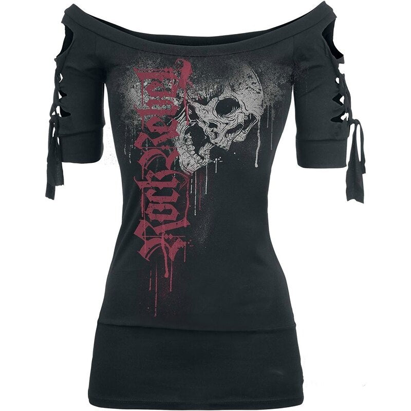Black Skull Halloween Gothic Lace Up Criss Cross Blackless