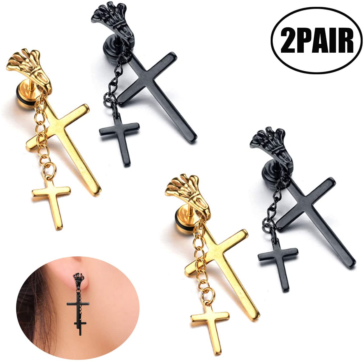 2pcs Unisex Mens Stainless Steel Double Cross Pendants Dangling