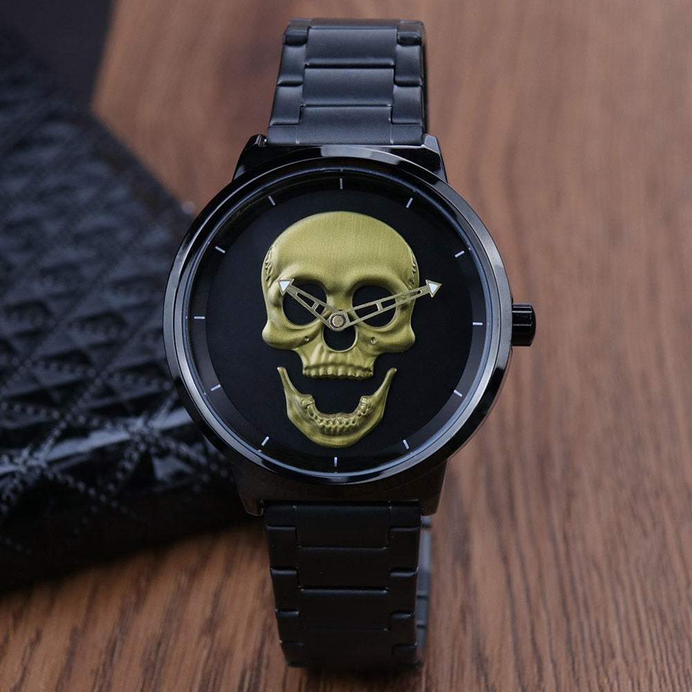 AISHY Fashion Men's Waterproof Stainless Steel Belt Skull Head Leather Copy Watch Ghost Head Male Wristwatches Reloj Hombre