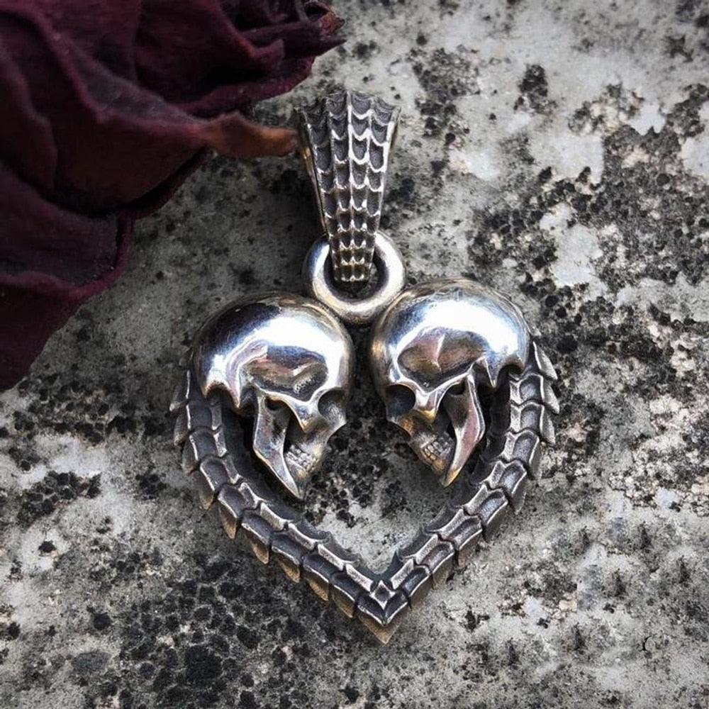 Unique Double Skull Heart Men Necklace Pendant Fashion Unisex