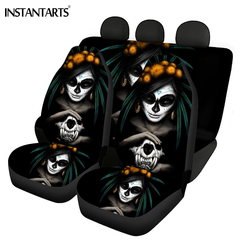 Full Set Car Full Set for Women Stylish Car Seat Cover Sugar Skull Print Washable General Front and Rear Seat Cover
