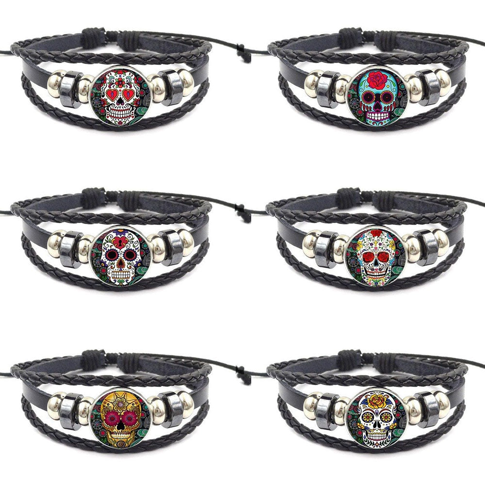 Sugar Skull Fashion Jewelry Cabochon Glass Black Leather Bracelet