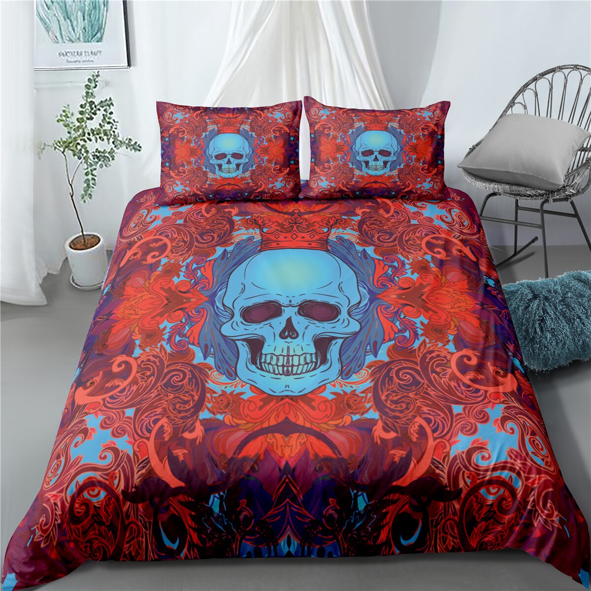Sugar Skull Bedding Set Queen Size Flower Skull Bed Linen Double Duvet Cover