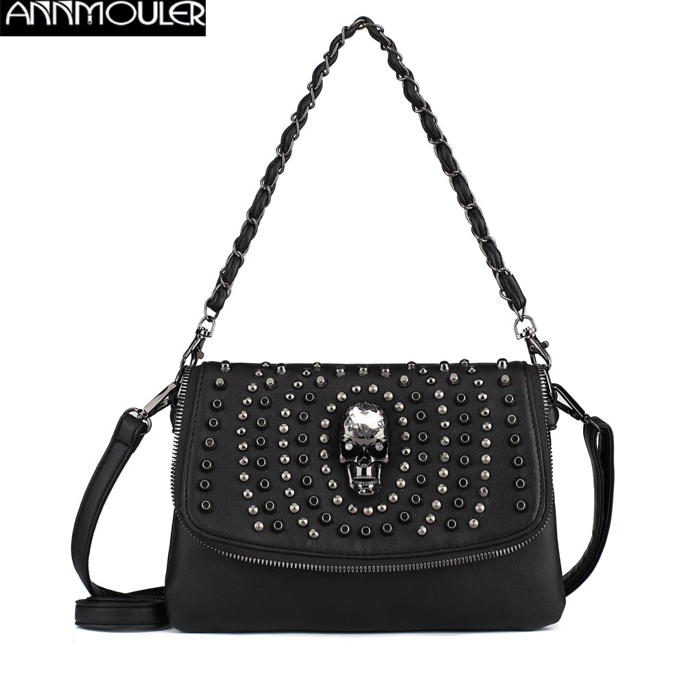 Gothic skull Designer Women Shoulder Bag Black Medium Size Crossbody Bag Punk Stud Skull Handbag Purse with Chain Zipper Female Bag