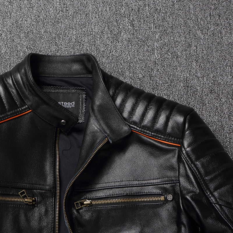 New Skull Embroidery Men's First Layer Cowhide Leather Jacket Motorcycle Slim Oversize Coat
