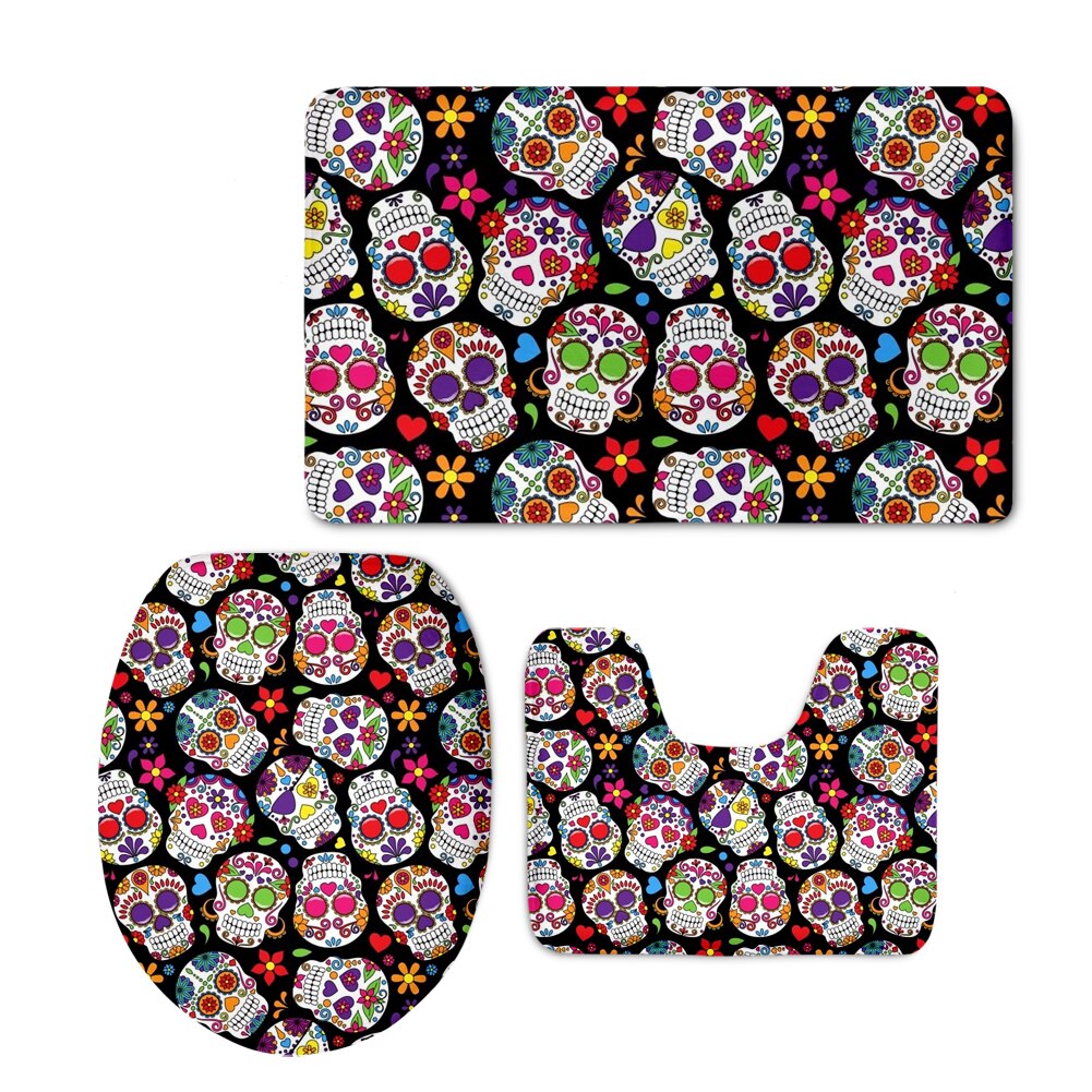 Sugar Skulls Bathroom Seat Cover Set Halloween Skull Design Toilet Carpet Cover