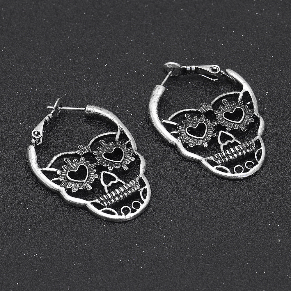 Silver Color Punk Hollow Skull Skeleton Stud Earrings Party Costume Jewelry Large Earrings For Women