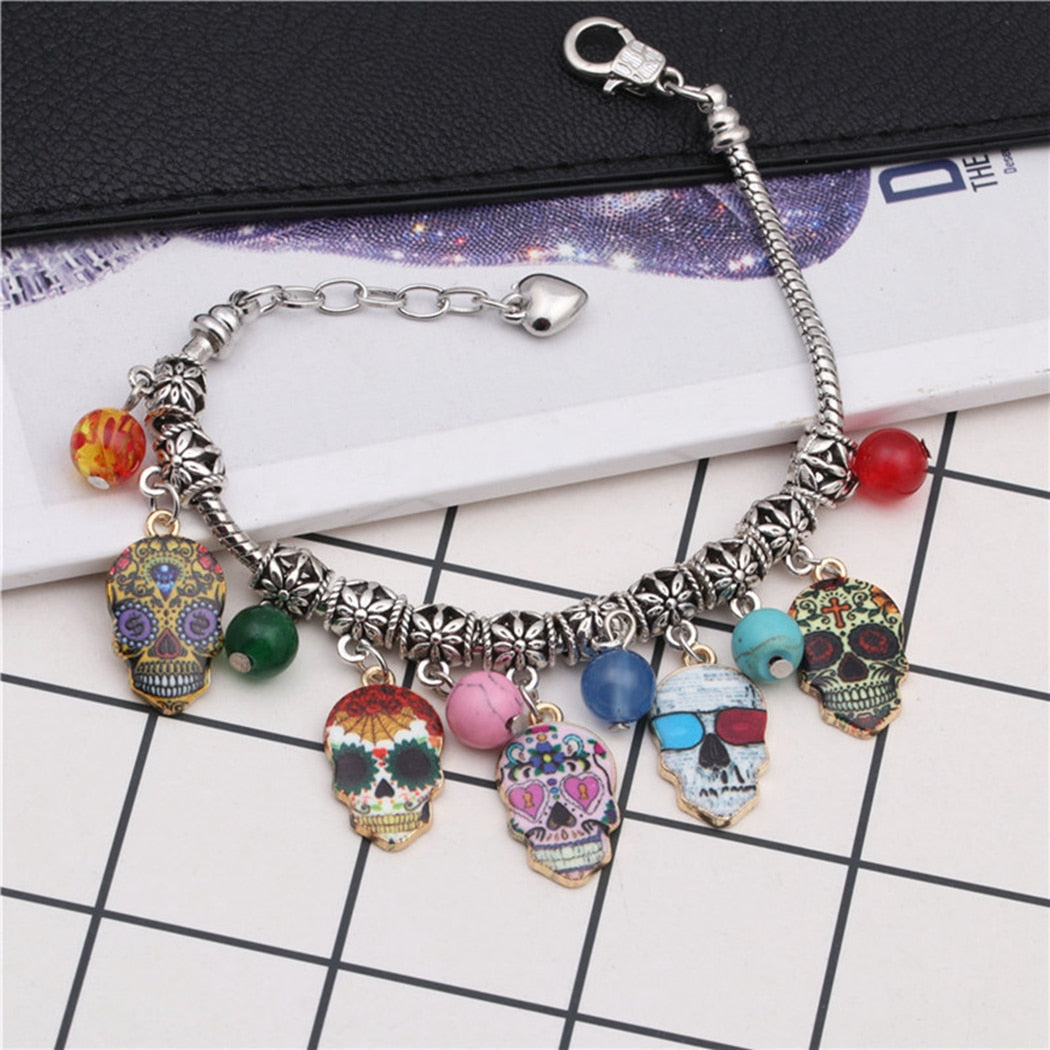 Halloween Bracelet Skeleton Head Gothic Punk Charm Bracelet