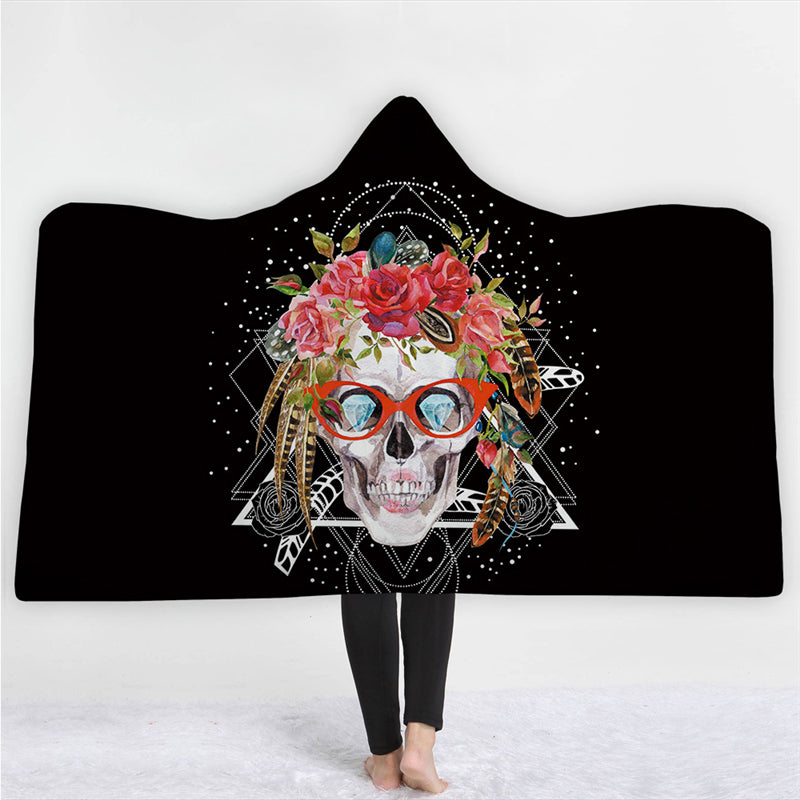 Halloween Skull Hooded Blanket Winter Warm Coral Fleece Printed Portable Anti-Pilling Soft Fluffy Blanket Thick Luxury Family