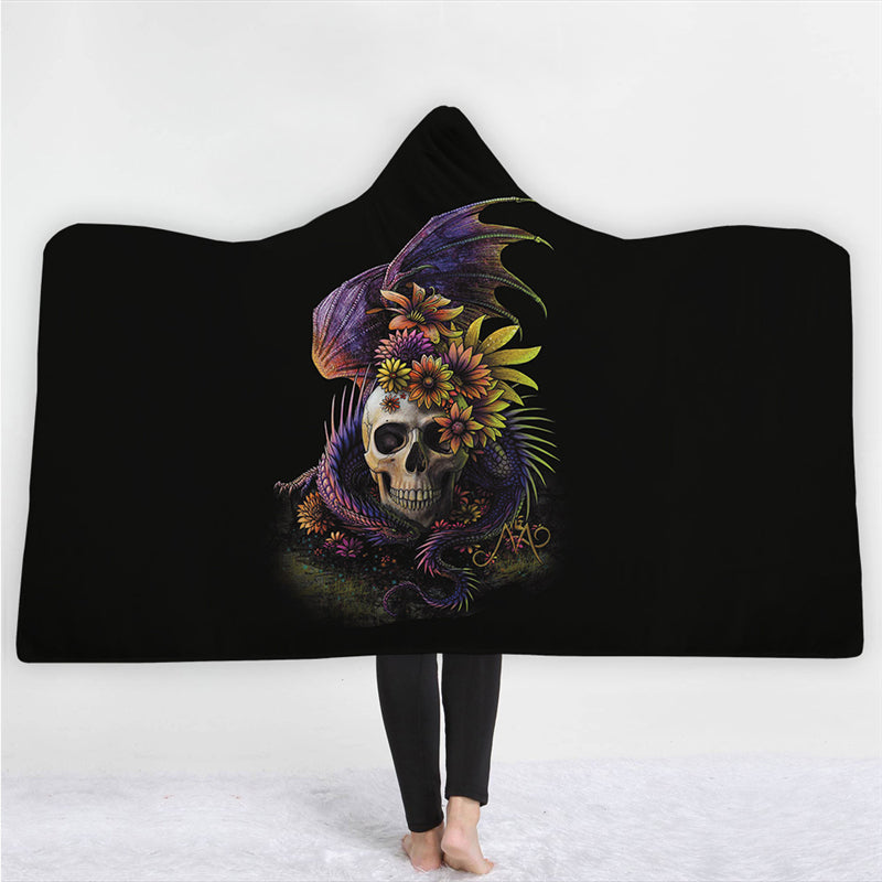 Halloween Skull Hooded Blanket Winter Warm Coral Fleece Printed Portable Anti-Pilling Soft Fluffy Blanket Thick Luxury Family