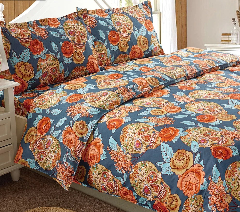 Sugar Skull with Flowers Duvet Cover Golden Bedding Set
