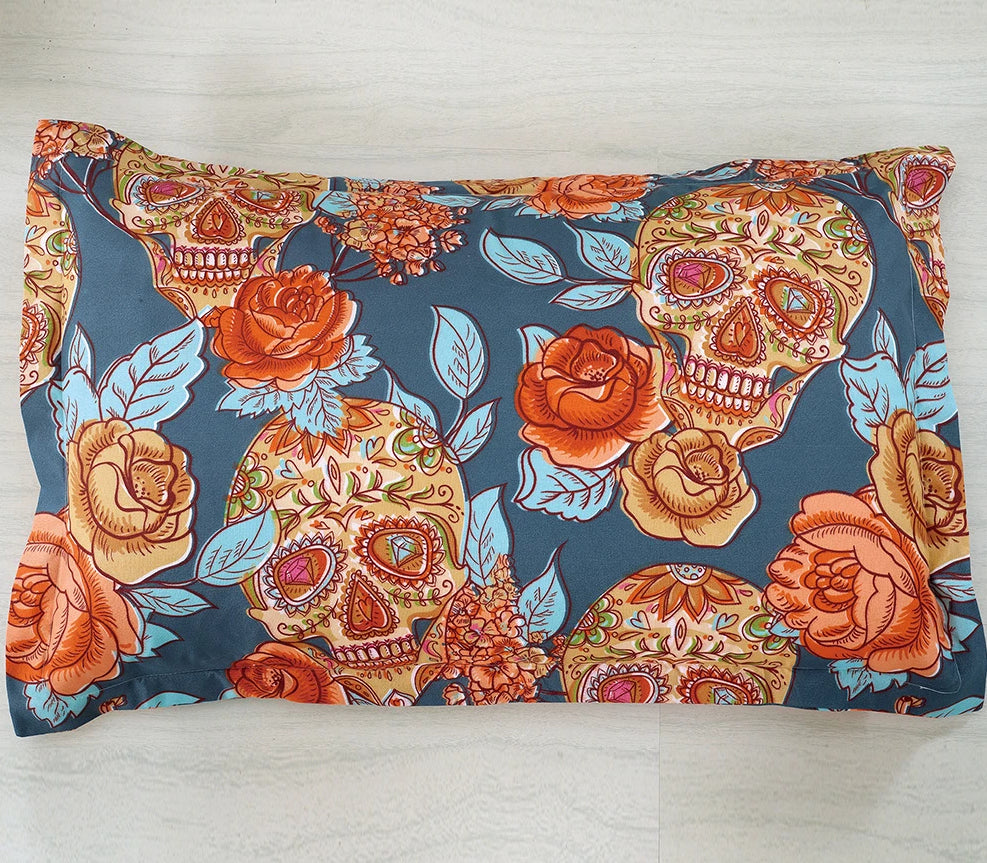 Sugar Skull with Flowers Duvet Cover Golden Bedding Set