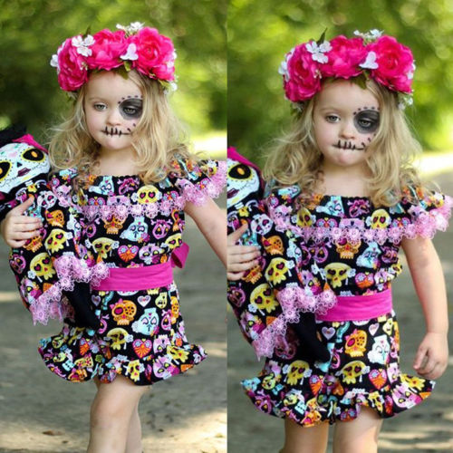 Toddler Baby Girls Dress Skull Print Bow-knot Lace Ruffles Off Shouler Dresses Princess