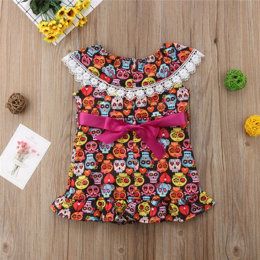 Toddler Baby Girls Dress Skull Print Bow-knot Lace Ruffles Off Shouler Dresses Princess
