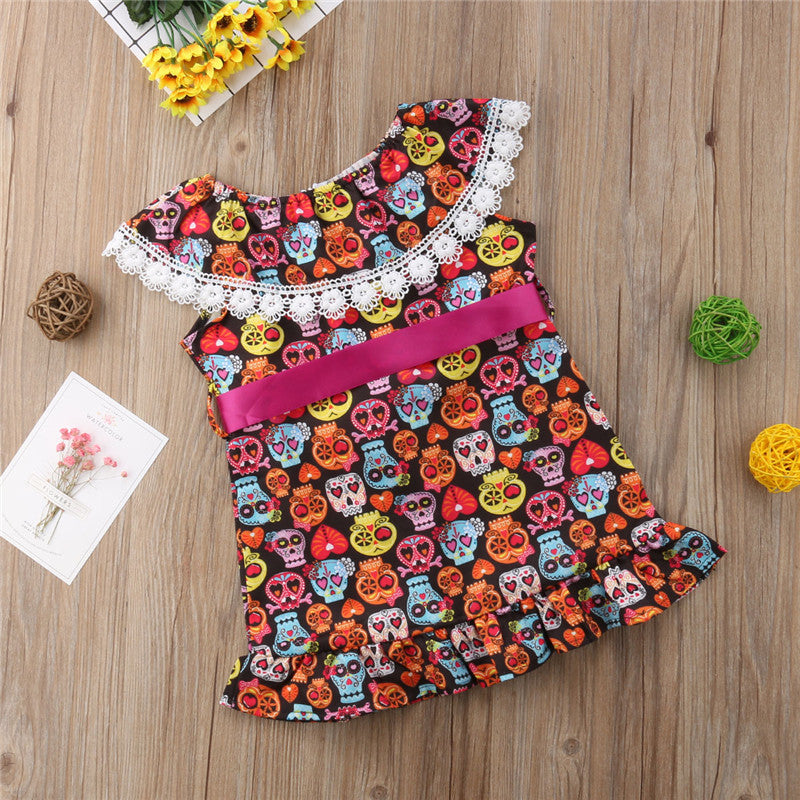 Toddler Baby Girls Dress Skull Print Bow-knot Lace Ruffles Off Shouler Dresses Princess