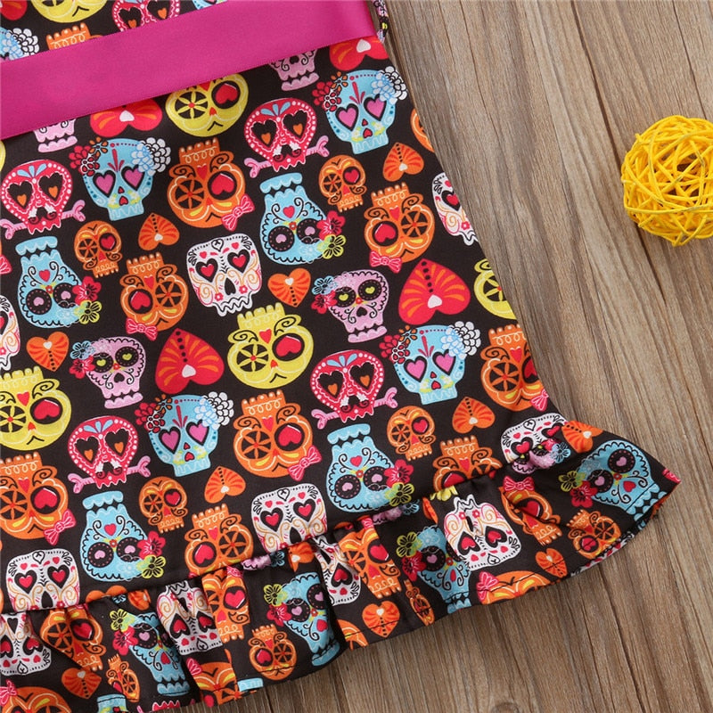 Toddler Baby Girls Dress Skull Print Bow-knot Lace Ruffles Off Shouler Dresses Princess