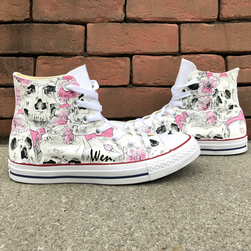 Hand Painted Skull Flower Converse Chucks Men Women Skateboarding Shoes Floral Canvas Sneakers High Top Flats