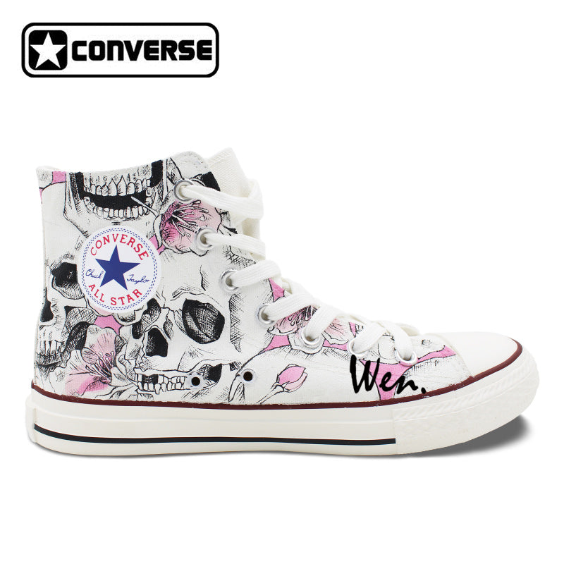 Hand Painted Skull Flower Converse Chucks Men Women Skateboarding Shoes Floral Canvas Sneakers High Top Flats