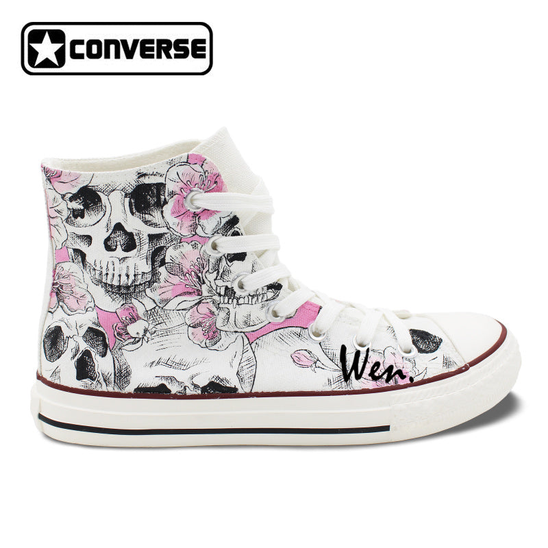 Hand Painted Skull Flower Converse Chucks Men Women Skateboarding Shoes Floral Canvas Sneakers High Top Flats