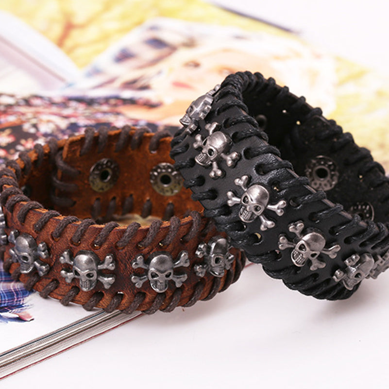Black Brown Leather Metal Pirate Skull Charms Button Lock Wrap Unisex Bracelets 2 size