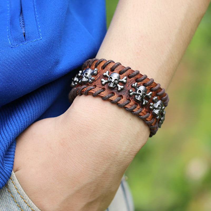 Black Brown Leather Metal Pirate Skull Charms Button Lock Wrap Unisex Bracelets 2 size