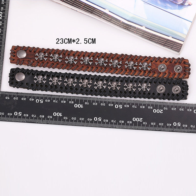 Black Brown Leather Metal Pirate Skull Charms Button Lock Wrap Unisex Bracelets 2 size