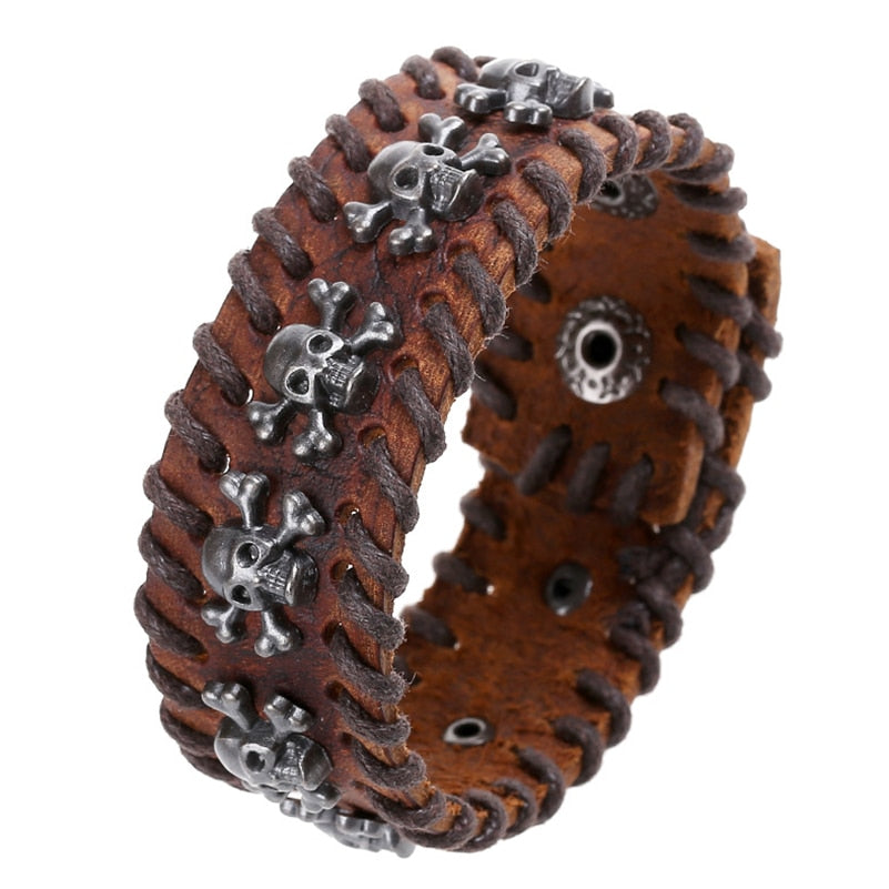 Black Brown Leather Metal Pirate Skull Charms Button Lock Wrap Unisex Bracelets 2 size