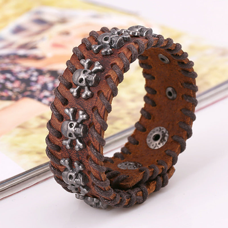 Black Brown Leather Metal Pirate Skull Charms Button Lock Wrap Unisex Bracelets 2 size