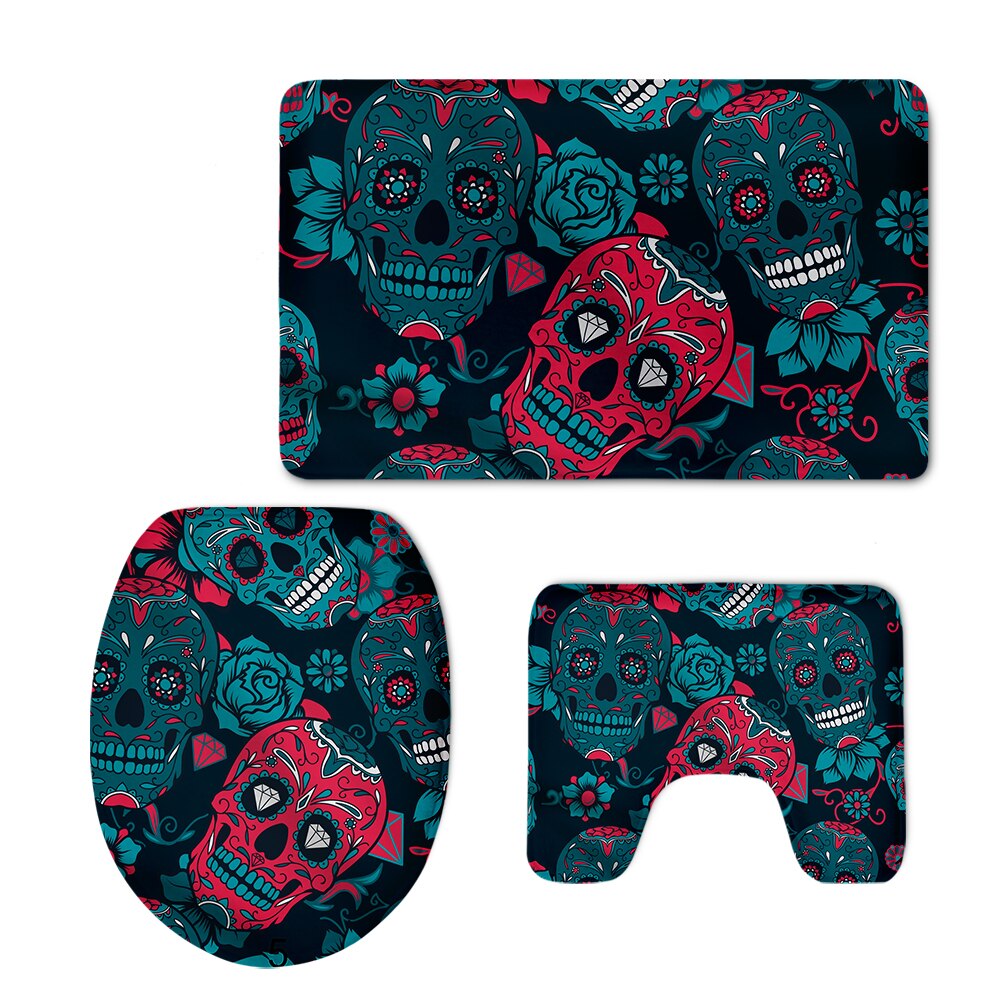 Sugar Skulls Bathroom Seat Cover Set Halloween Skull Design Toilet Carpet Cover