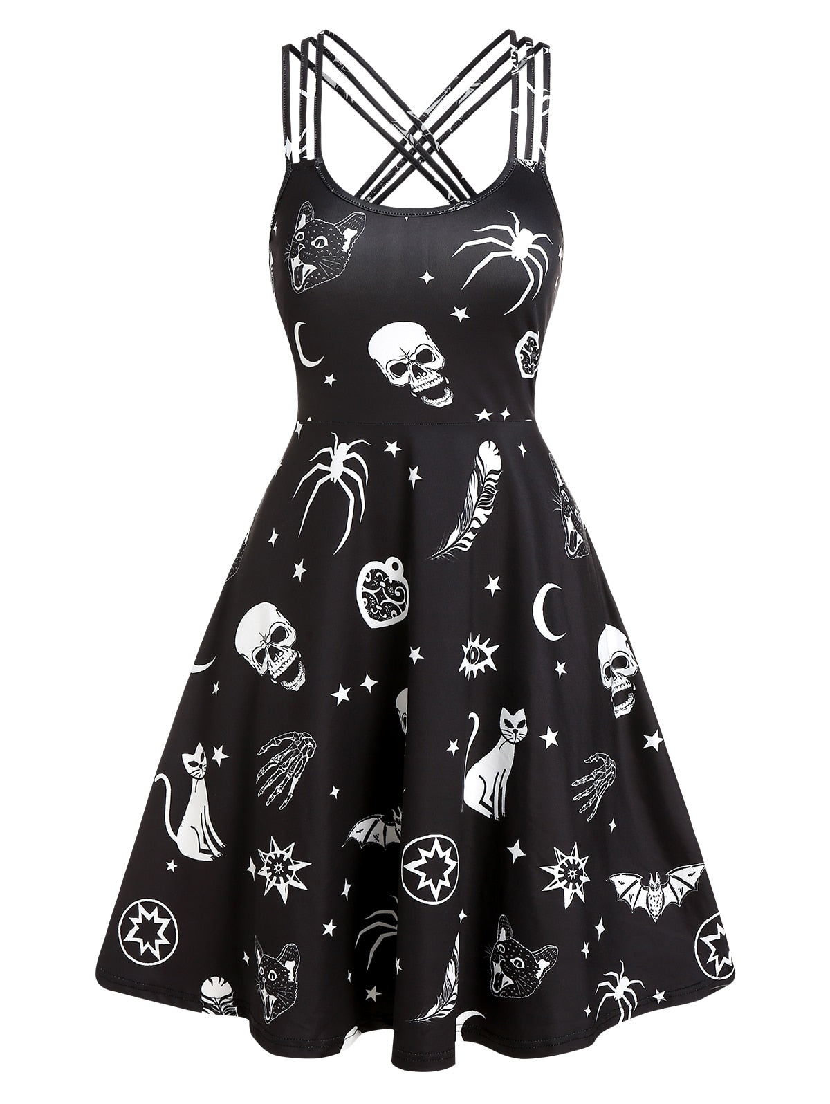 Plus Size Women Black Mini Dress Gothic Skull