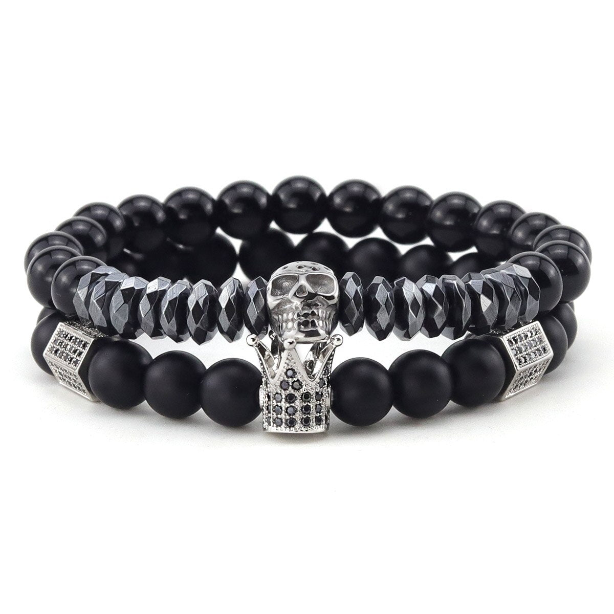 2pcs/Set Natural stone beads Bracelet Luxury CZ Crown Stainless Steel