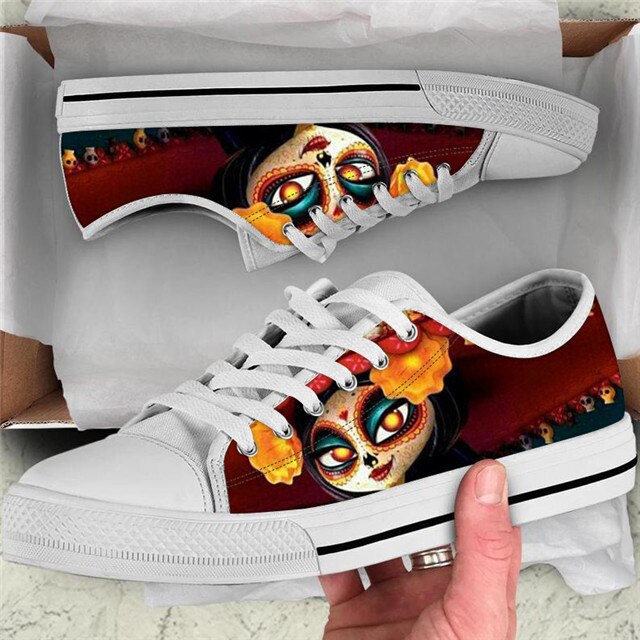 Cool Sugar Skull Pattern Women Casual Flats Shoes Lady Comfortable Canvas Shoes