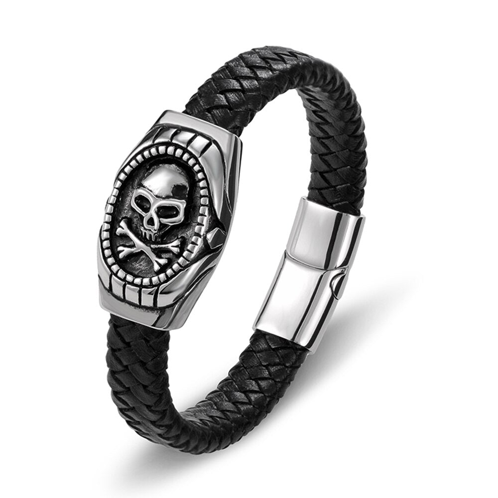 Fashion Charm Stainless Steel Magnetic Black Genuine Leather Braided