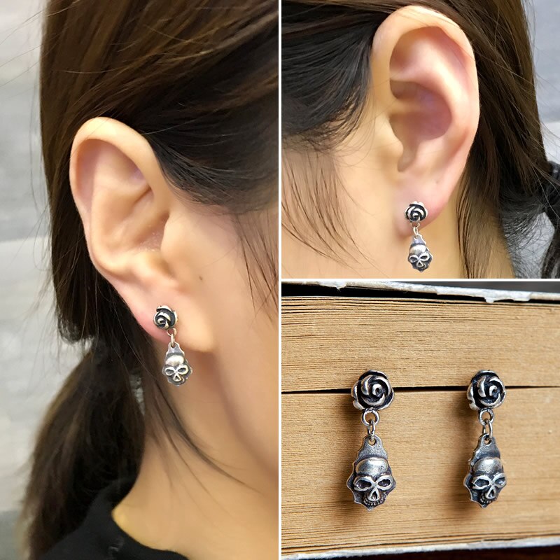 1573 925 Sterling Silver Rose Death Skull Drop Earrings Skeleton Jewelry
