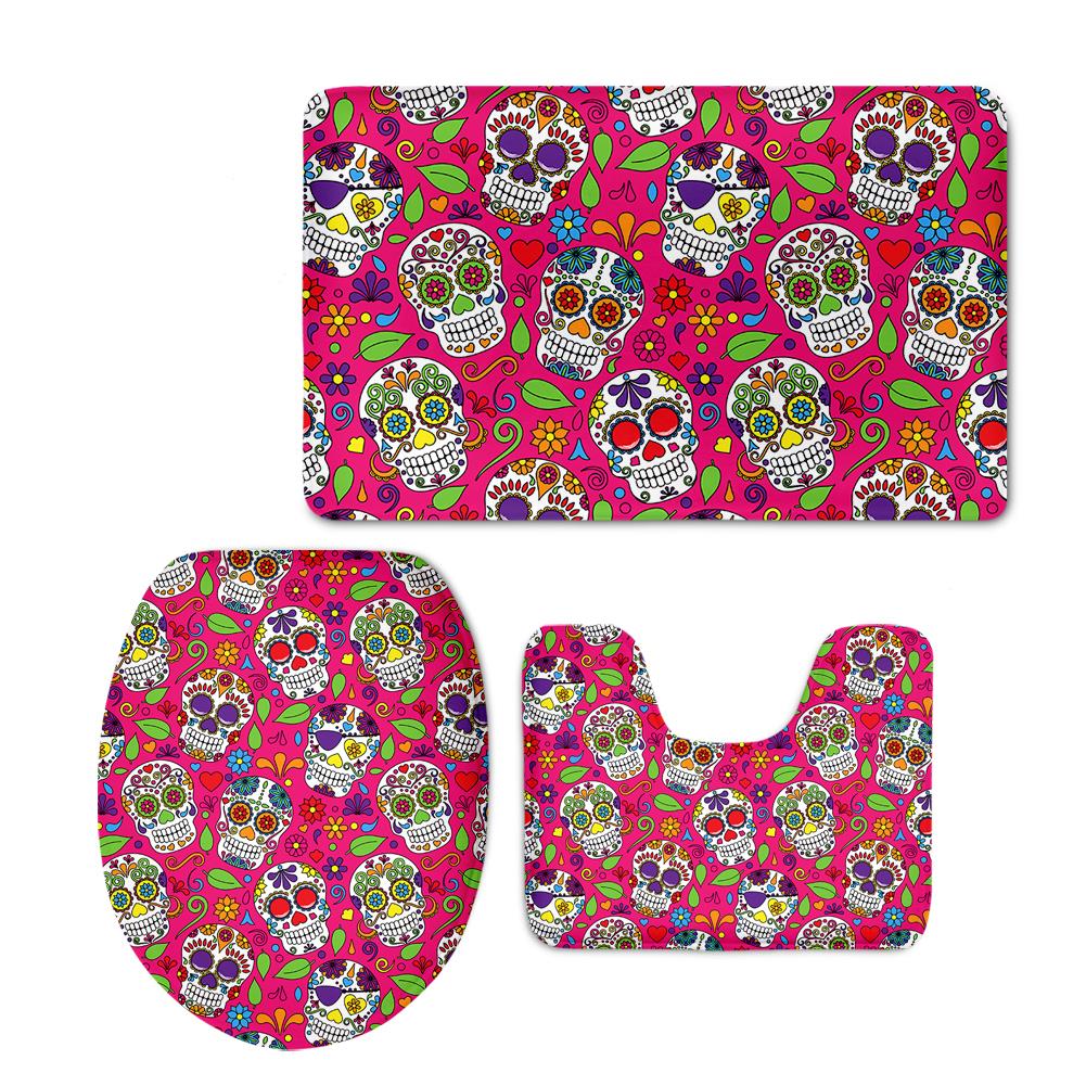 Sugar Skulls Bathroom Seat Cover Set Halloween Skull Design Toilet Carpet Cover