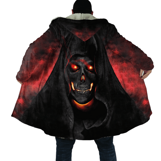 Winter Mens Cloak Gothic Reaper Skull Tattoo Fleece Hooded Cloak Coat Unisex Casual Thick Warm Cape coat, Halloween cloak coat