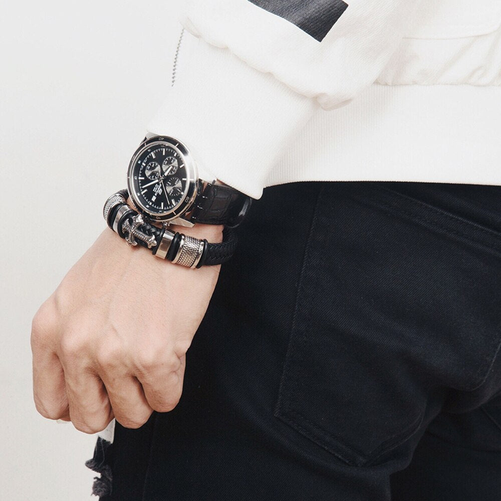Fashion Punk Genuine Leather Man Cross Bracelet High Quality