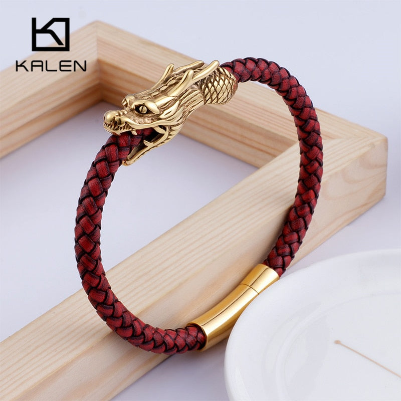 Dragon Charm Bracelets For Men 22cm Gold Stainless Steel + Red Leather Rope