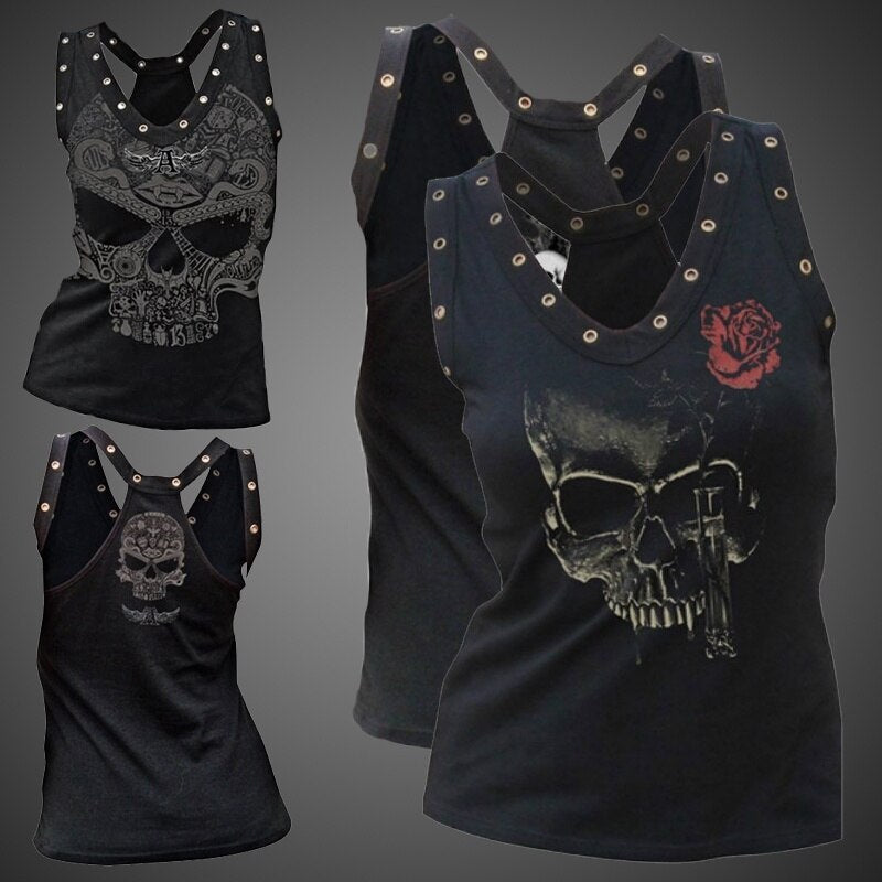 Women Sexy Vest Gothic Street Casual Vest Skull Print Sexy Top Top