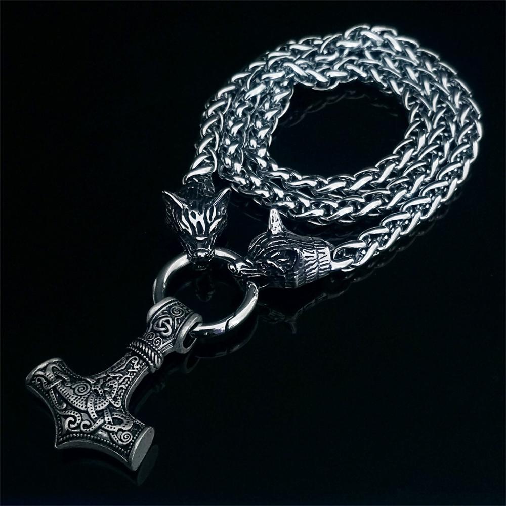 Nordic Viking men's stainless steel necklace wolf head chain