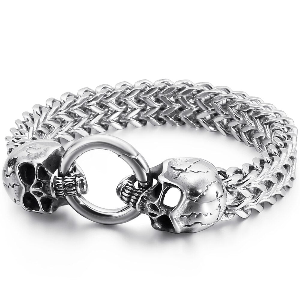 Gothic Double Skull Bracelet For Men 316L Stainless Steel Heavy
