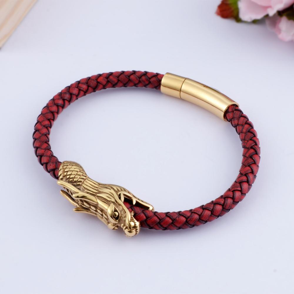 Dragon Charm Bracelets For Men 22cm Gold Stainless Steel + Red Leather Rope