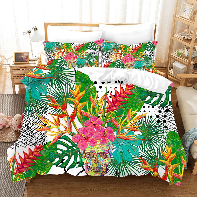 King Size Bedding Sets Sugar Skull Duvet Cover and Pillowcase Flower Rose Skull