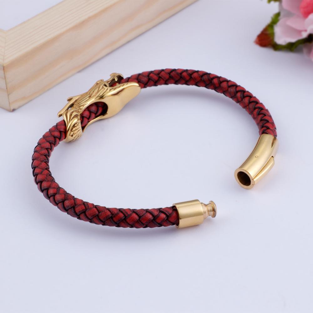 Dragon Charm Bracelets For Men 22cm Gold Stainless Steel + Red Leather Rope
